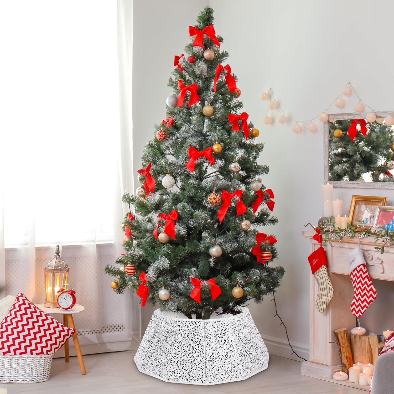 Sequin Christmas Tree Collar 31.5inch,Tree Skirt for Halloween Christmas Decoration 12-Sided Xmas Tree Base Cover(Silver)