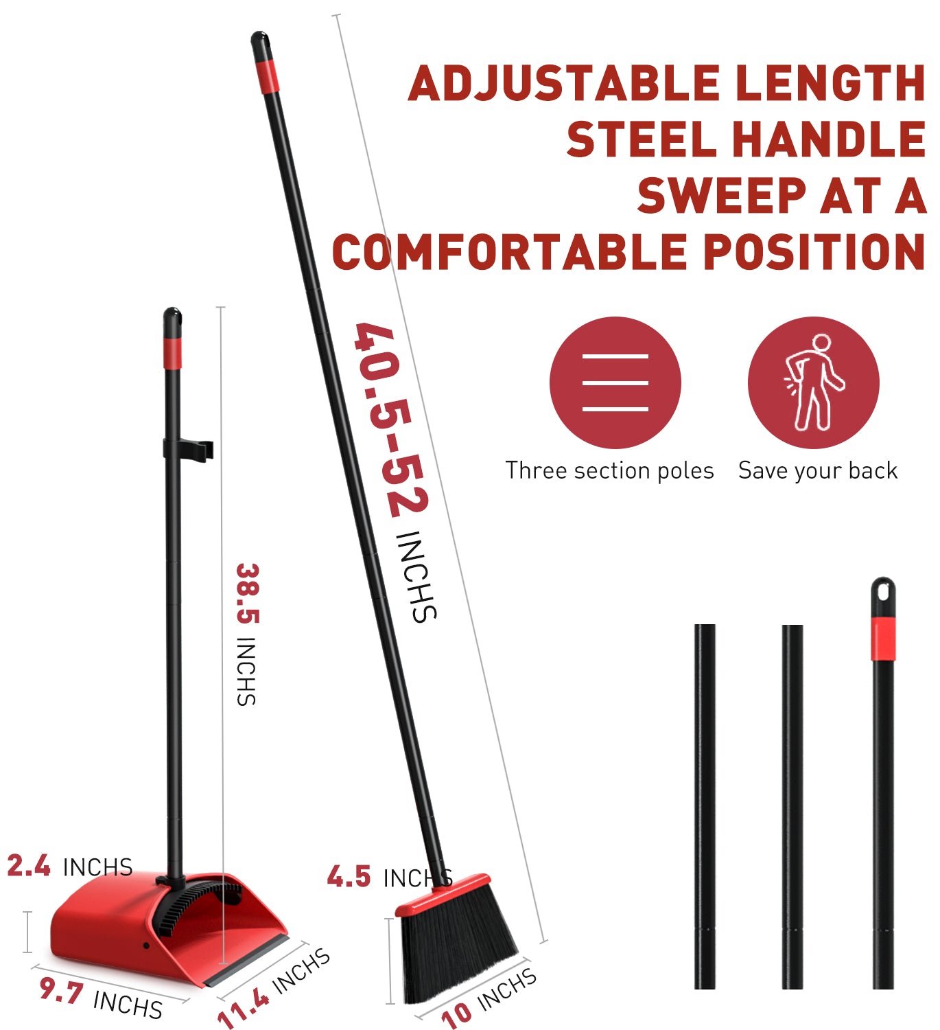SONCAL Broom and Dustpan Set,Extendable 52" Brooms for Sweeping Indoor Broom with Dustpan Combo Set for Home Kitchen Office Lobby Floor Standing Dust Pan-Red&Black