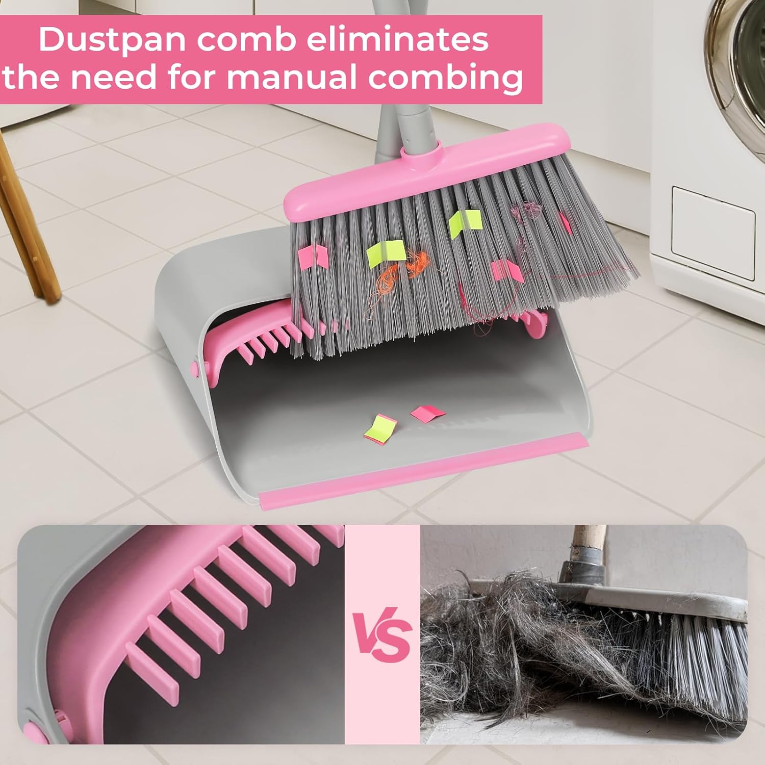 Pink Broom with Dustpan Combo Set,52" Brooms for Sweeping Indoor Broom and Dustpan Set for Home Kitchen Office Lobby Floor Standing Dust Pan