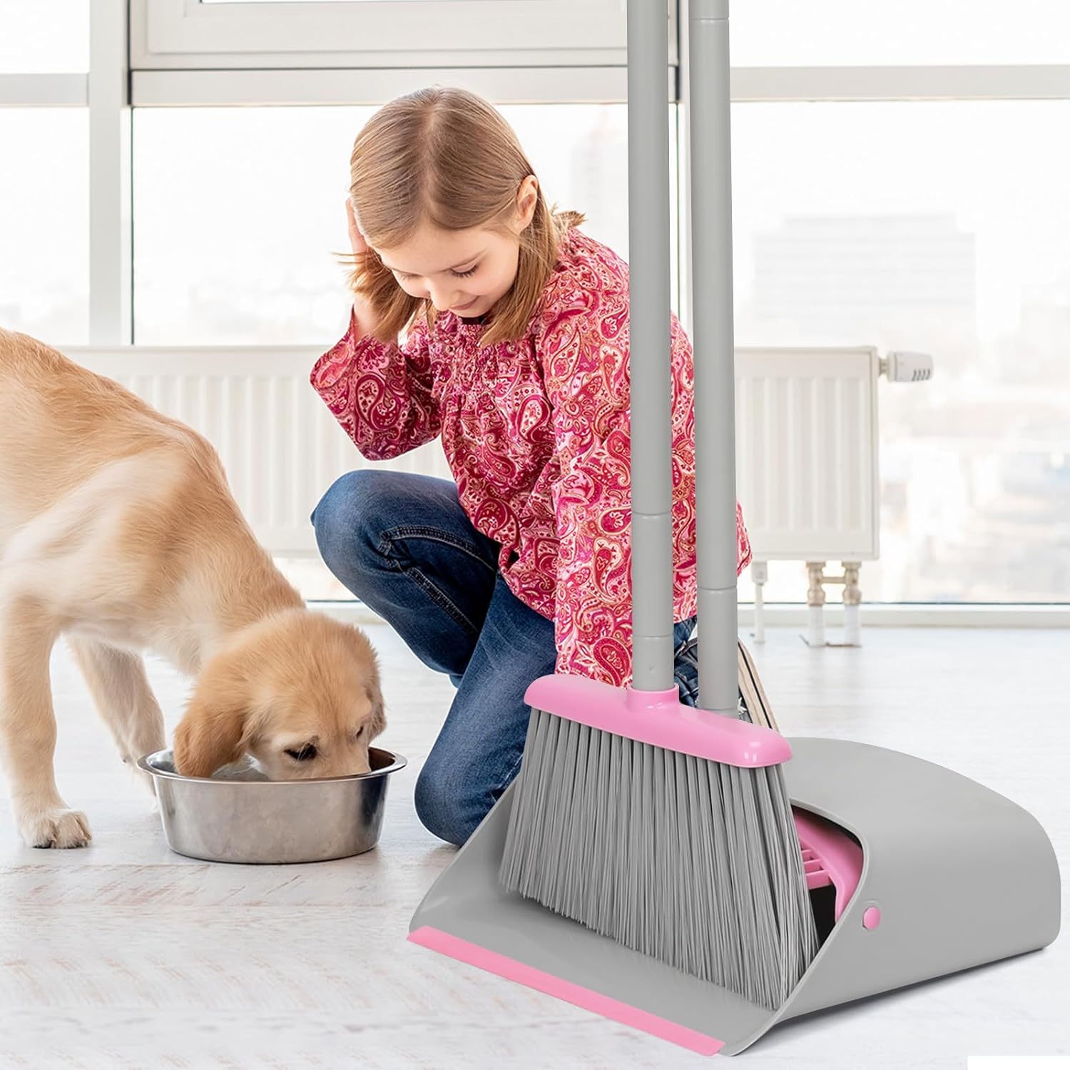 Pink Broom with Dustpan Combo Set,52" Brooms for Sweeping Indoor Broom and Dustpan Set for Home Kitchen Office Lobby Floor Standing Dust Pan
