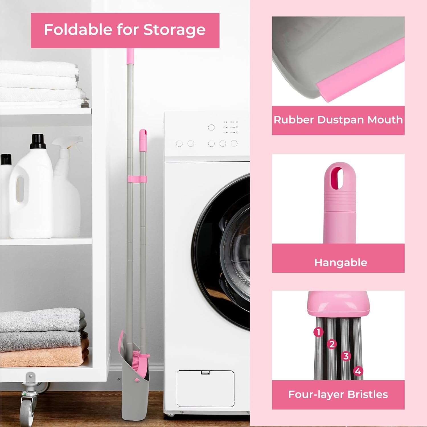 Pink Broom with Dustpan Combo Set,52" Brooms for Sweeping Indoor Broom and Dustpan Set for Home Kitchen Office Lobby Floor Standing Dust Pan