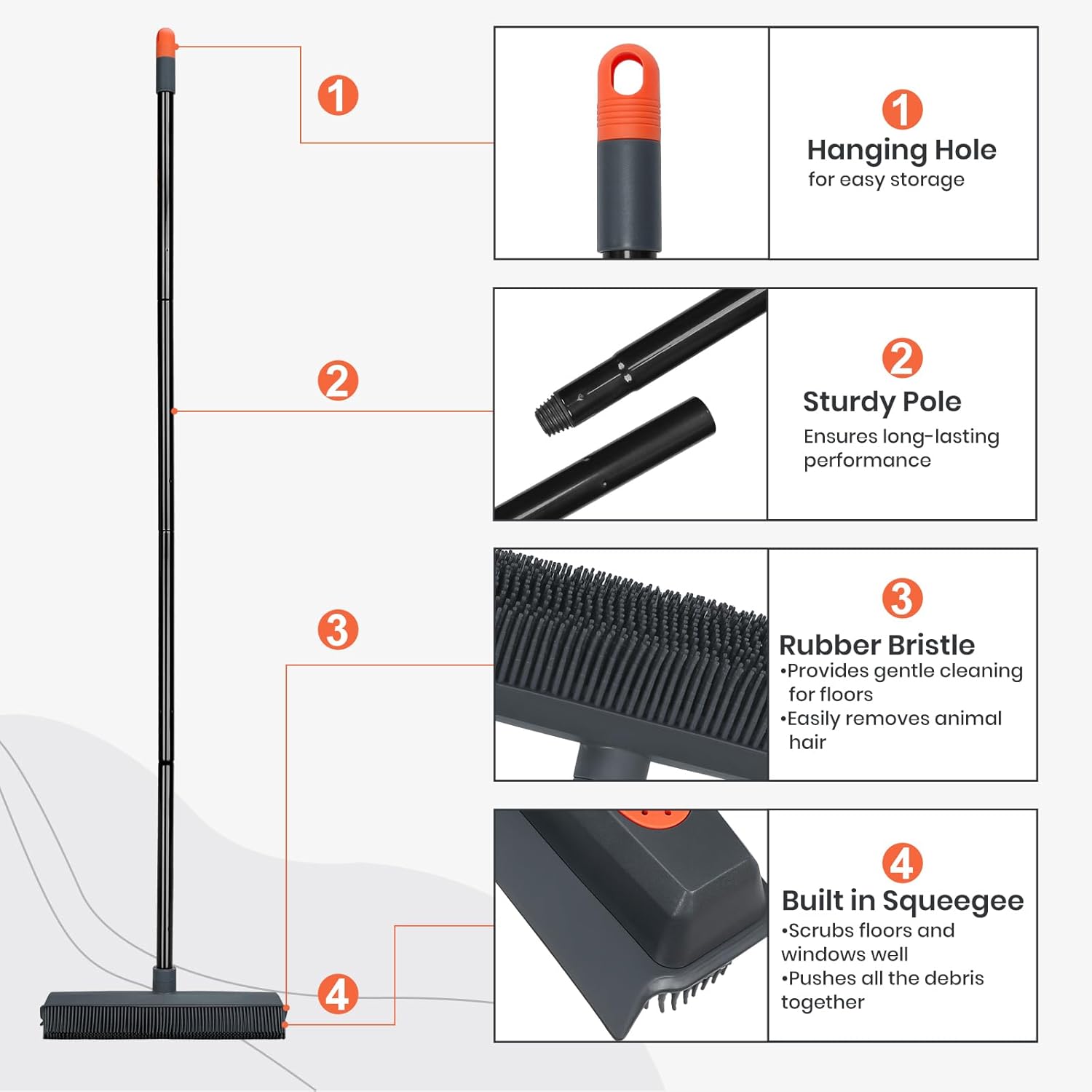 Pet Hair Removal Rubber Broom with Squeegee Carpet Rake for Fluff Rug Silicone Broom for Hardwood Floor