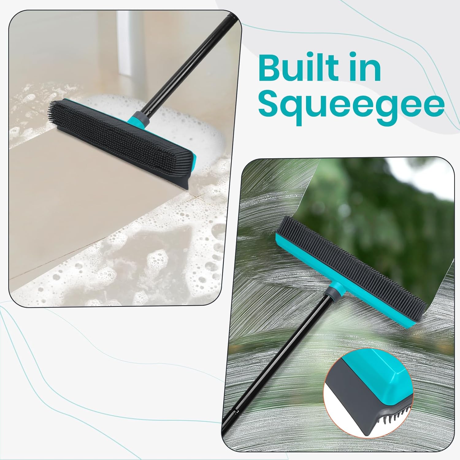 Pet Hair Removal Broom Carpet Rake Rubber Broom with Squeegee Rug Rake to Fluff Carpet