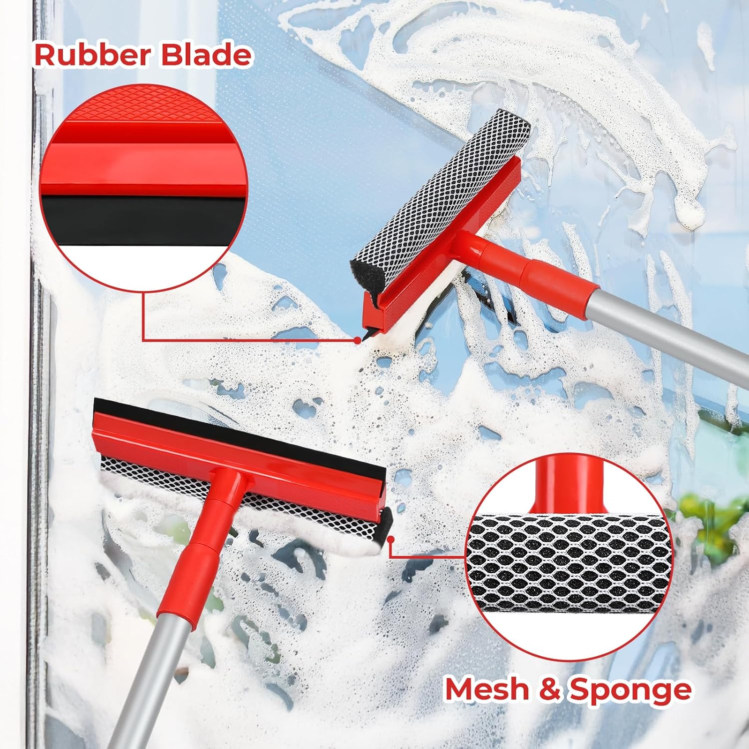 TREELEN Windshield Cleaner Tool 2 in 1 Car Window Squeegee with Extendable Handle (18"-28.5") Window Cleaner with Squeegee and Sponge for Shower, Glass Cleaning