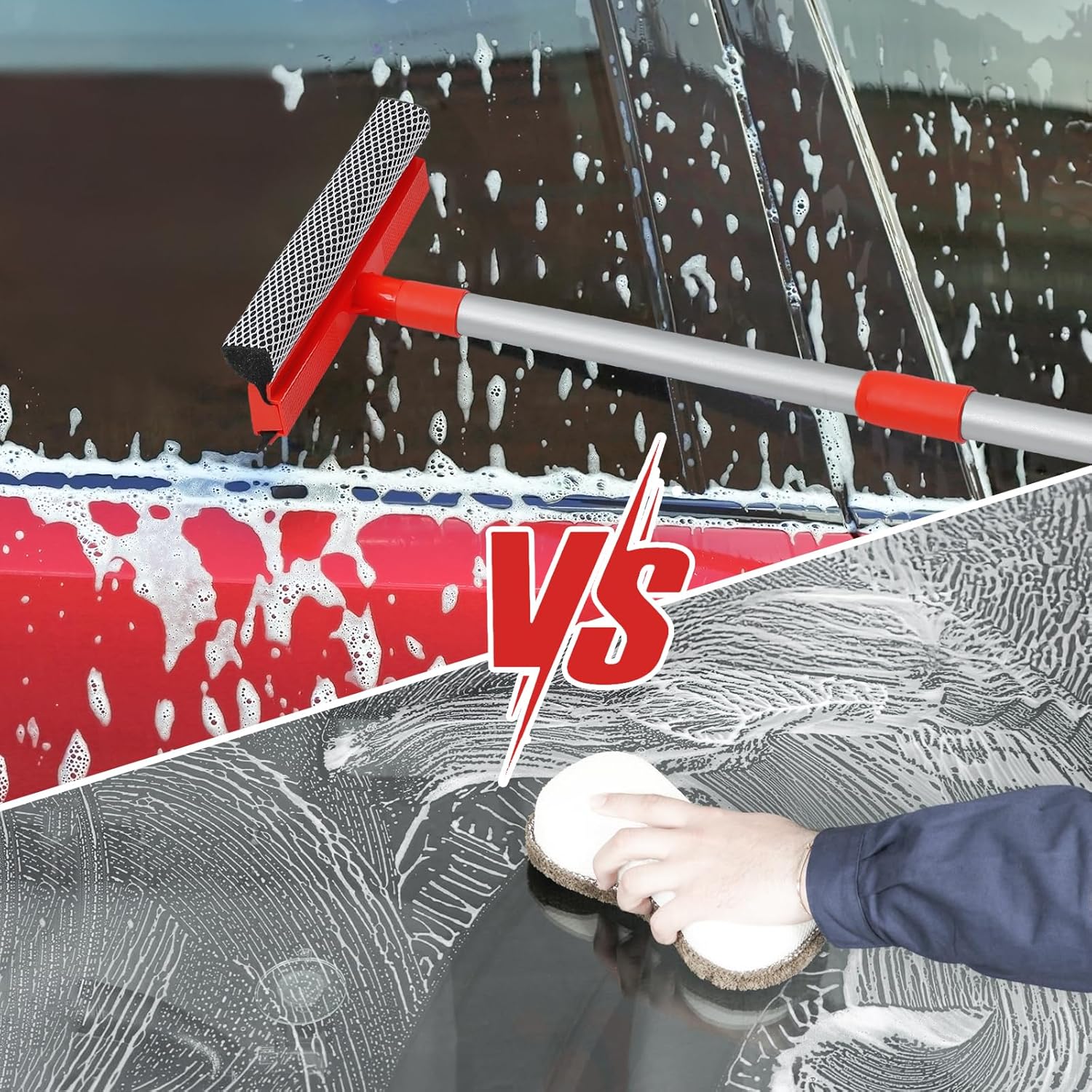 TREELEN Windshield Cleaner Tool 2 in 1 Car Window Squeegee with Extendable Handle (18"-28.5") Window Cleaner with Squeegee and Sponge for Shower, Glass Cleaning