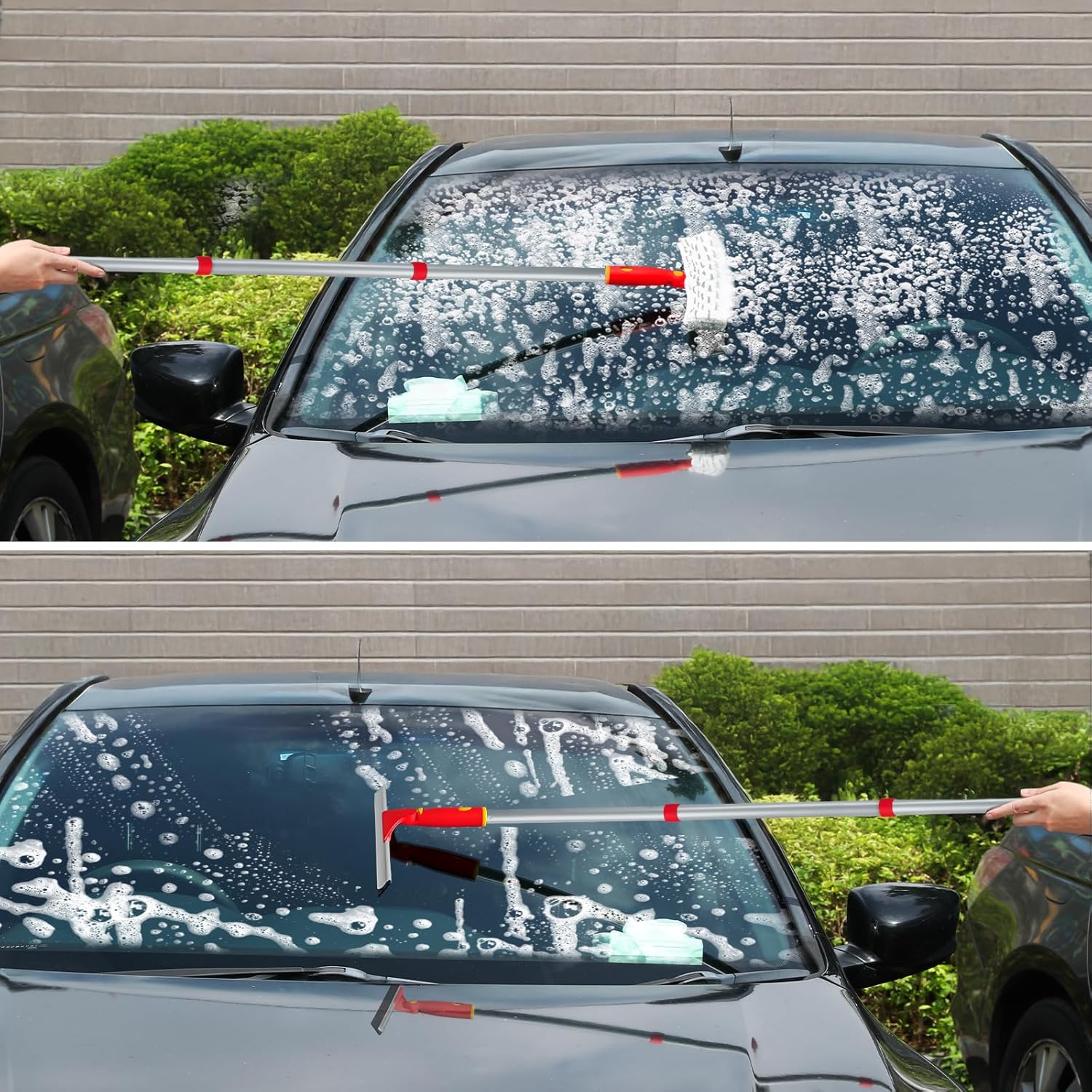 Window Cleaning Kit with Rotatable Squeegee and Microfiber Scrubber Window Cleaner Tool, 57" Long Handle Window Cleaner for Car, Shower, Indoor & Outdoor Glass Door