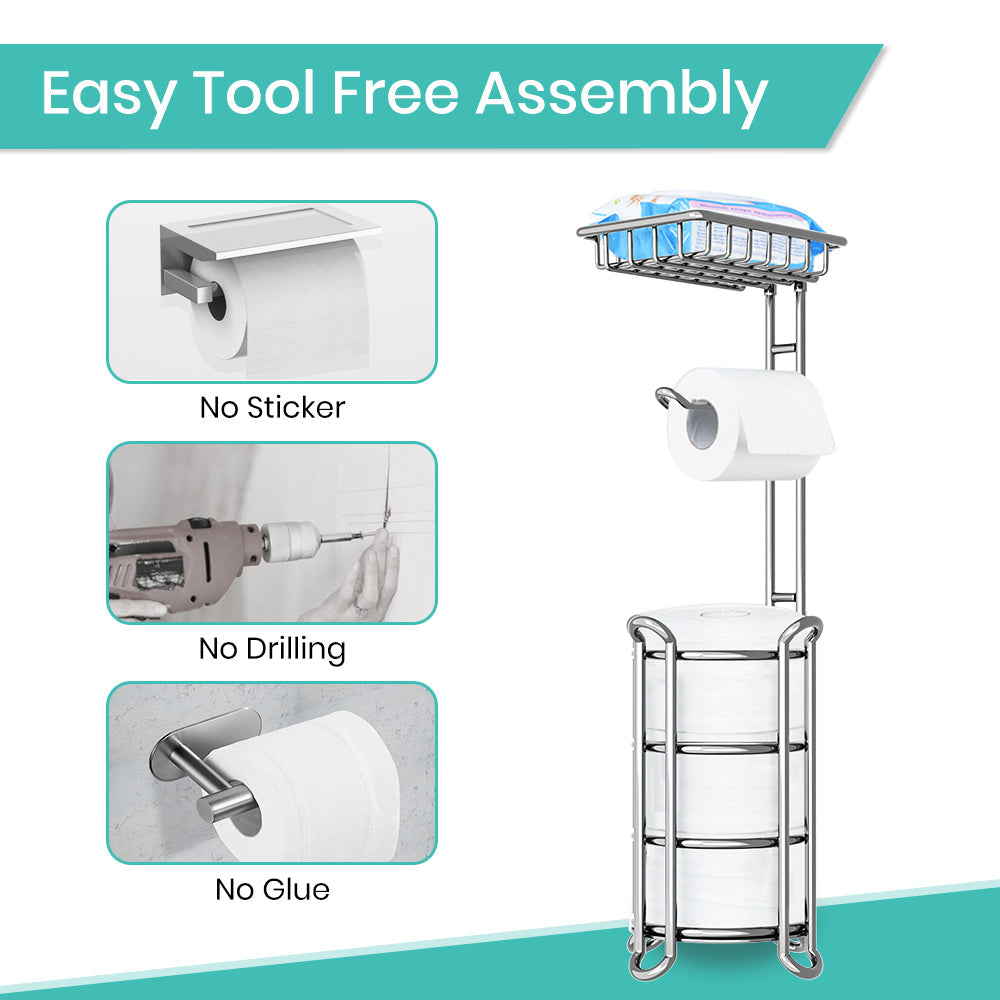 TreeLen Toilet Paper Holder Stand Toilet Tissue Roll Holder with Shelf for Bathroom Storage Holds Phone/Wipe/Mega Rolls-Shiny Chrome