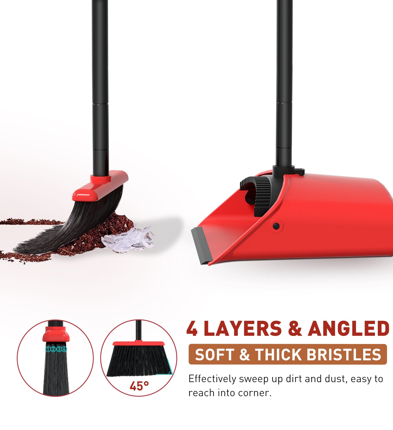 SONCAL Broom and Dustpan Set,Extendable 52" Brooms for Sweeping Indoor Broom with Dustpan Combo Set for Home Kitchen Office Lobby Floor Standing Dust Pan-Red&Black