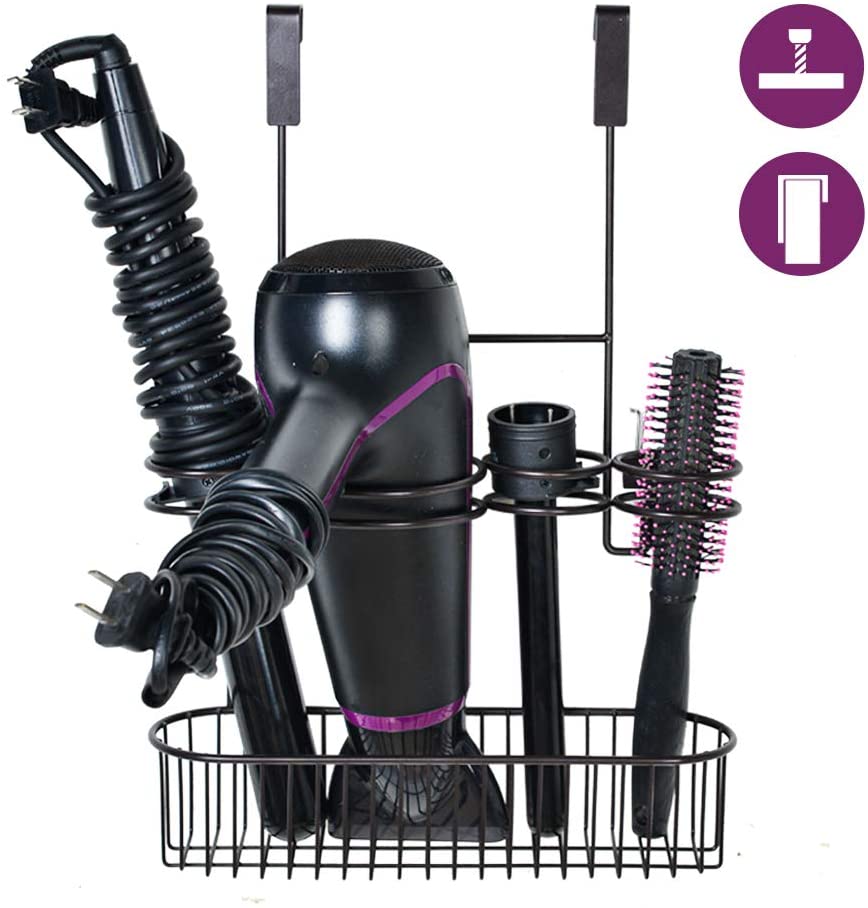 TreeLen Hair Dryer Holder Organizer Bathroom Styling Tool Appliance Storage Caddy 2 in 1 Wall Mount/Cabinet Door for Hot Curling Iron Straightener Brushes-Bronze