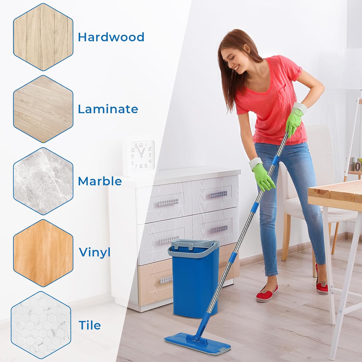 Mop and Bucket Set with 2 Washable Pads,Mop and Bucket with Wringer Set for Home Kitchen Tile Hardwood Laminate Floor Cleaning