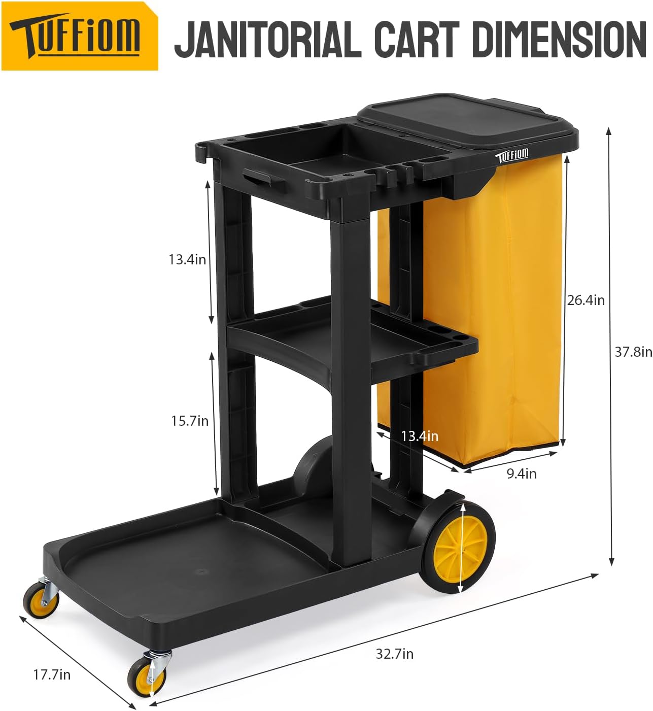 Treelen Commercial Traditional Cleaning 3-Shelf Janitorial Cart, 500 Lbs Capacity Housekeeping Cart, Wheeled with Yellow VinylBag and Cover w Lid, Black