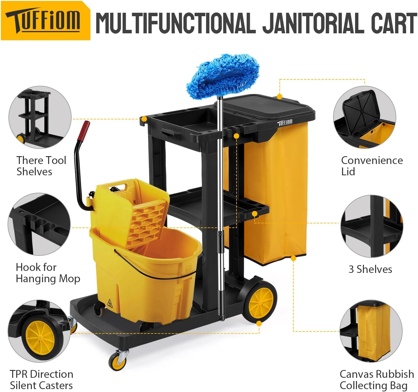Treelen Commercial Traditional Cleaning 3-Shelf Janitorial Cart, 500 Lbs Capacity Housekeeping Cart, Wheeled with Yellow VinylBag and Cover w Lid, Black