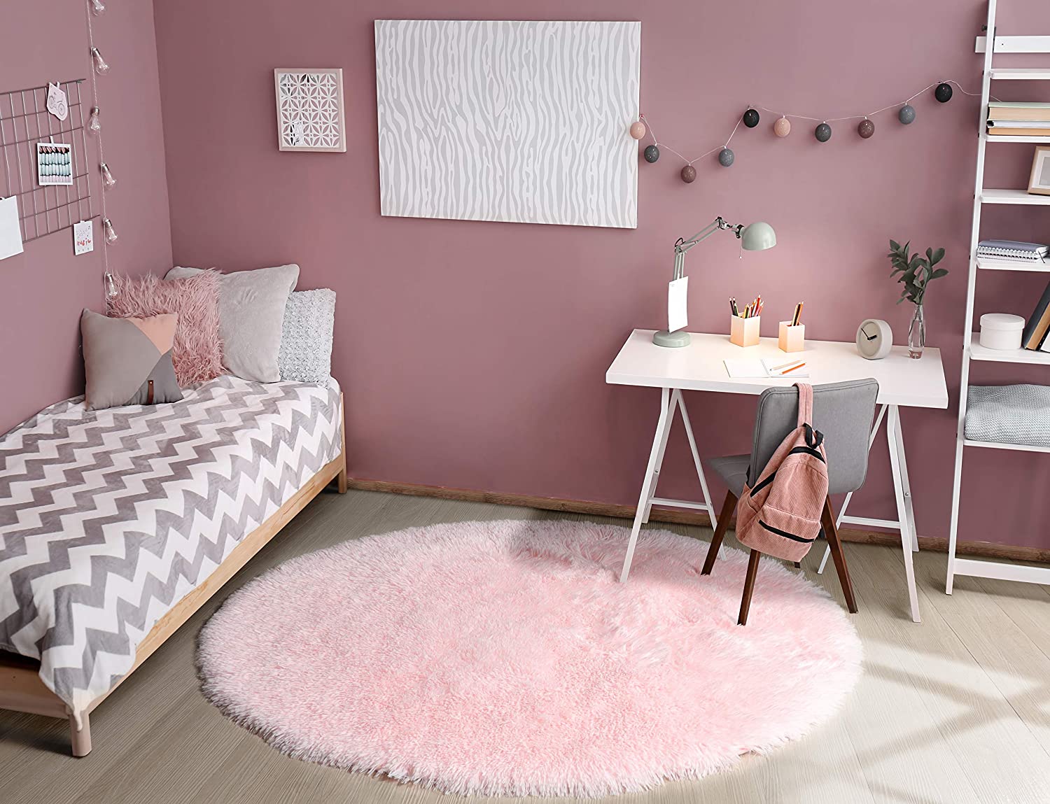 Pink Round Rug for Girls Bedroom,Fluffy Circle Rug for Kids Room,Furry Carpet for Teen Girls Room