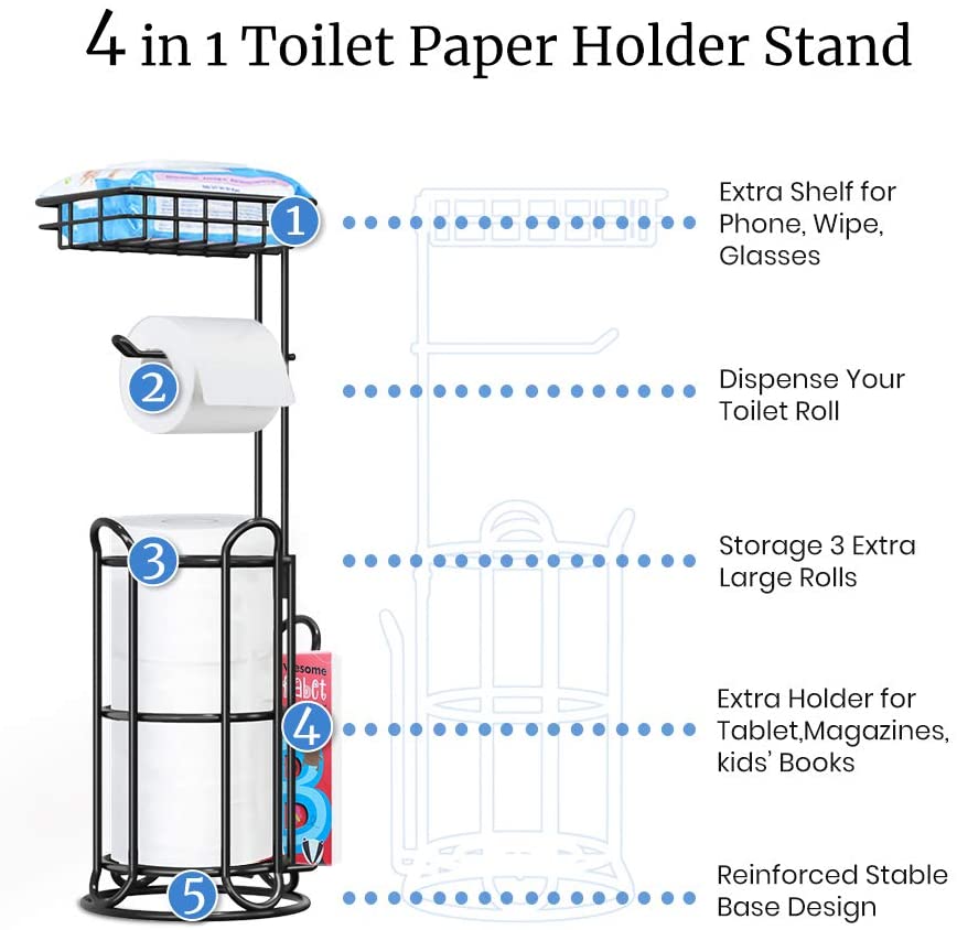TreeLen Toilet Paper Holder Stand Bathroom Tissue Roll Holders Freestanding with Shelf Storage Large Rolls/Phone/Wipe/Tablet/Magazine-Black