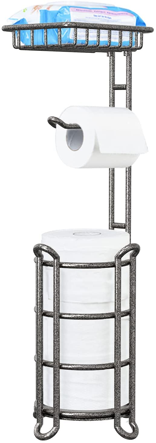 TreeLen Toilet Paper Holder Stand with Shelf Bath Tissue Stand Bathroom Tissue Roll Holder Dispenser Perfect for 4 Mega Rolls, Phone, Wipe, Small Bathroom, RV-Hammered Gray