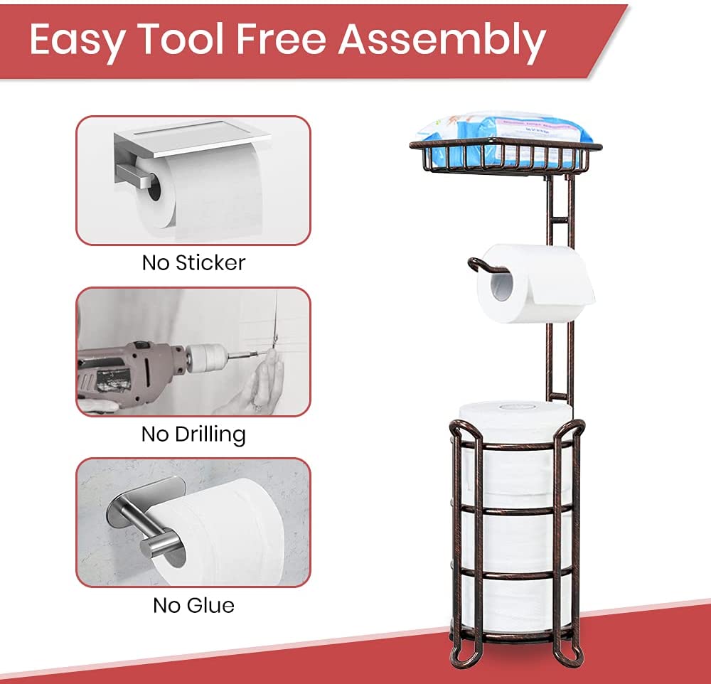 TreeLen Toilet Paper Holder Stand Tissue Holder for Bathroom Floor Standing Toilet Roll Dispenser Storages 4 Reserve Mega Rolls, Phone, Wipes-Vintage Bronze