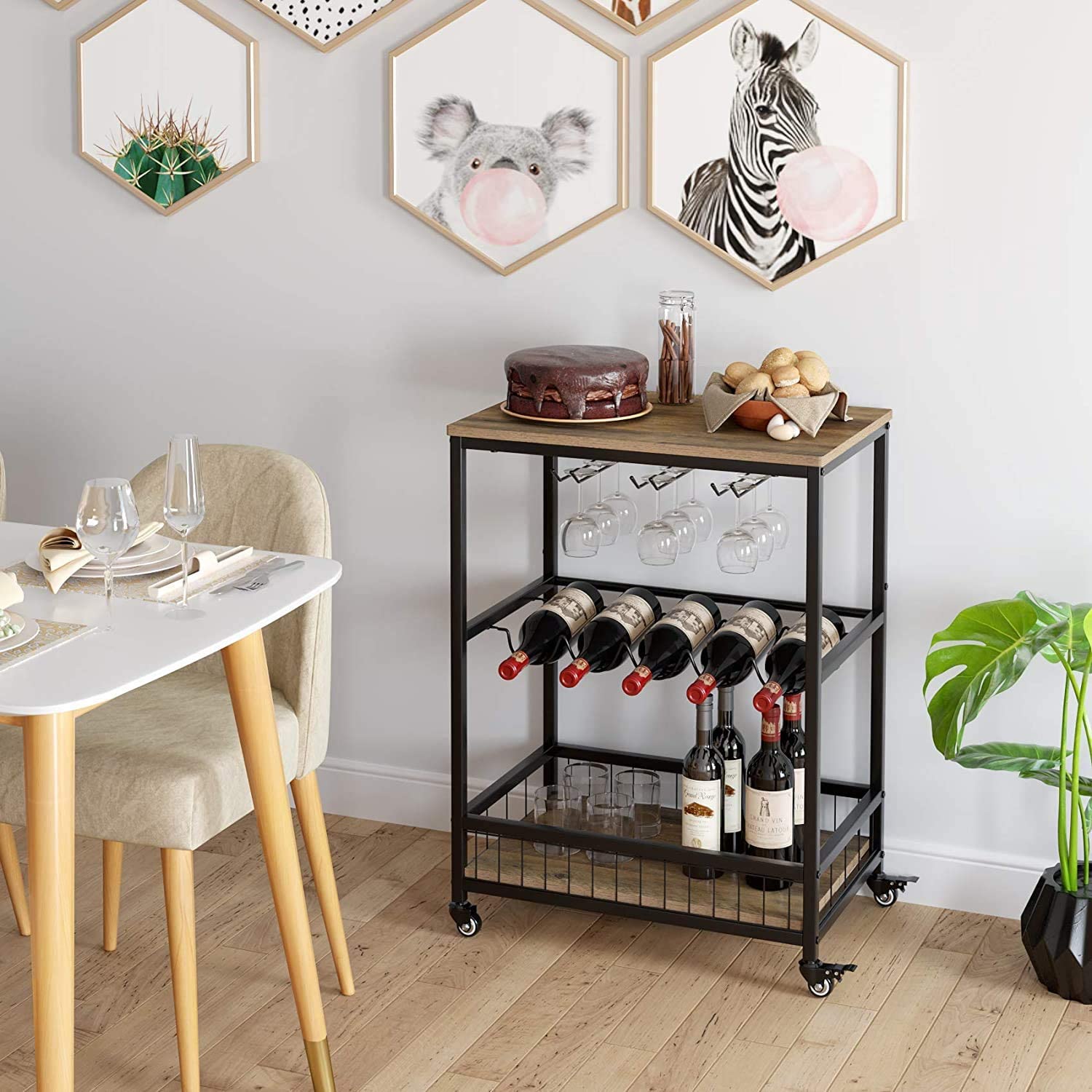 Wine Bar Cart, Simple Modern Beverage Cart with Wine Rack/Glass Holder, Rolling Serving Cart with Lockable Wheels for Home Kitchen, Wood and Metal Frame, Rustic Brown