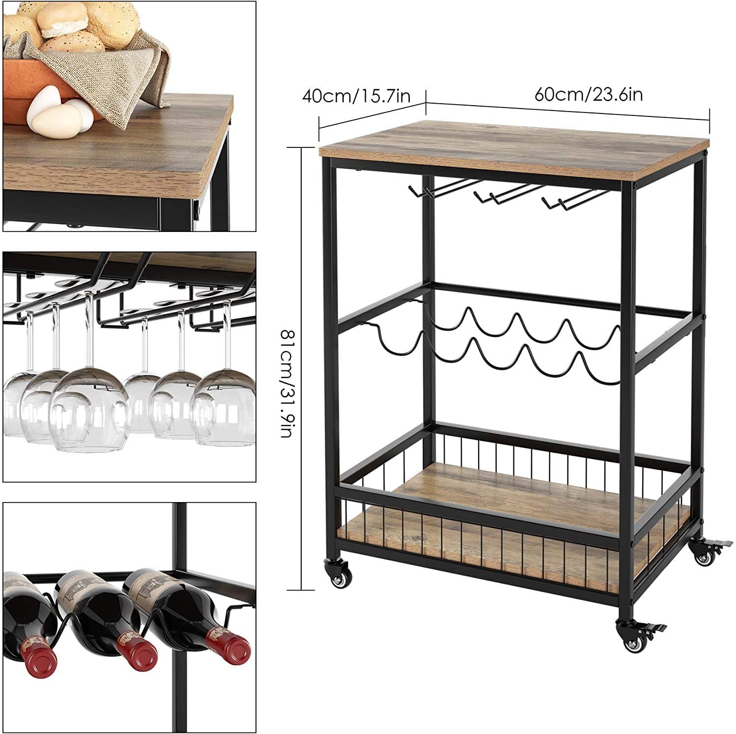 Wine Bar Cart, Simple Modern Beverage Cart with Wine Rack/Glass Holder, Rolling Serving Cart with Lockable Wheels for Home Kitchen, Wood and Metal Frame, Rustic Brown