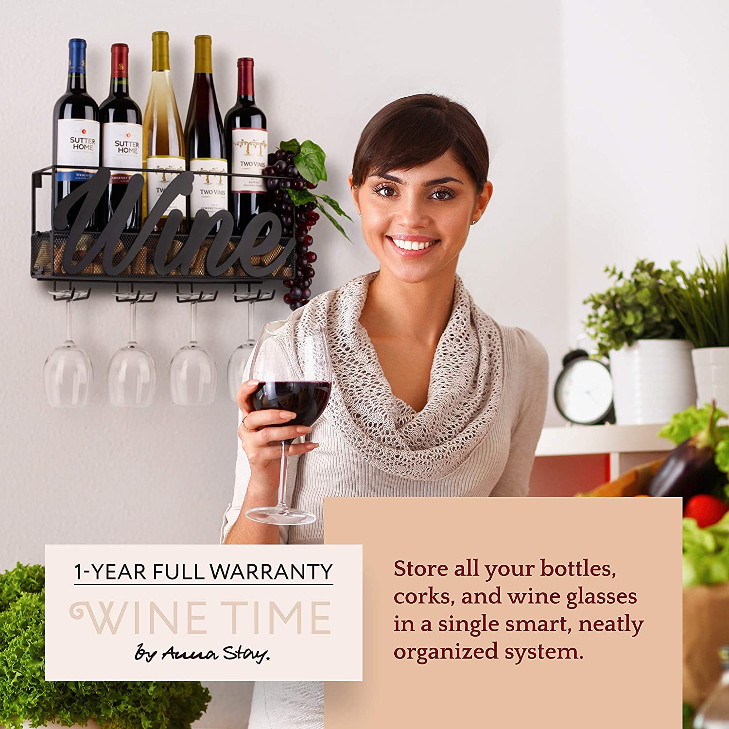 Wall Mounted Wine Rack - Bottle & Glass Holder - Cork Storage - Store Red, White, Champagne - Comes with 6 Cork Wine Charms - Home & Kitchen Décor - Designed by Anna Stay