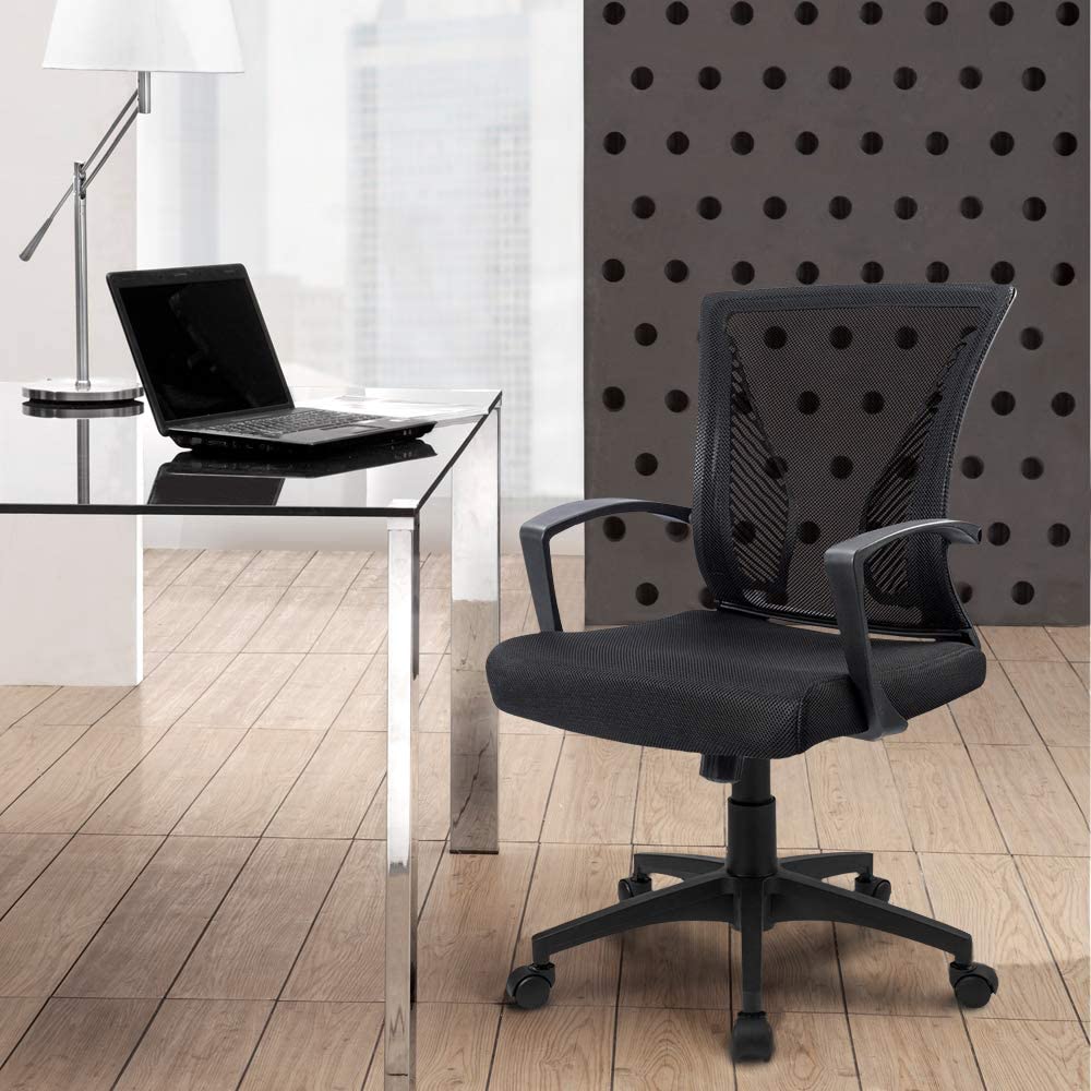 Office Mid Back Swivel Lumbar Support Desk, Computer Ergonomic Mesh Chair with Armrest (Black)