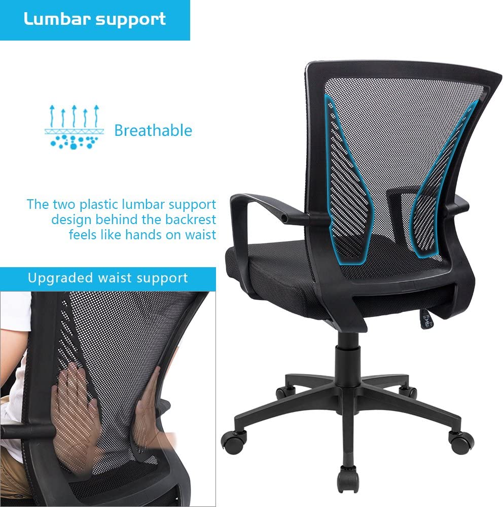 Office Mid Back Swivel Lumbar Support Desk, Computer Ergonomic Mesh Chair with Armrest (Black)