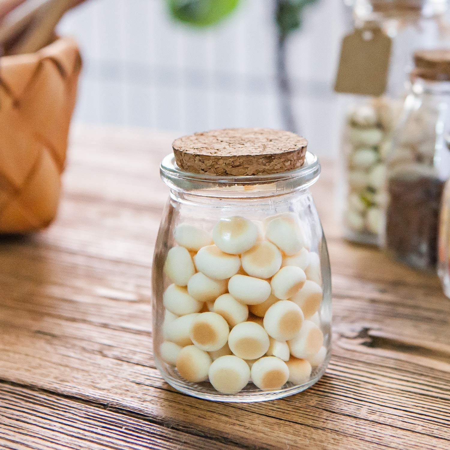 Mini Yogurt Jars 30 Pack, 7 oz Glass Favor Jars with Cork Lids, Glass Pudding jars, Glass Containers with Lids, Mason Jar Wedding Favors Honey Pot with Label Tags and String