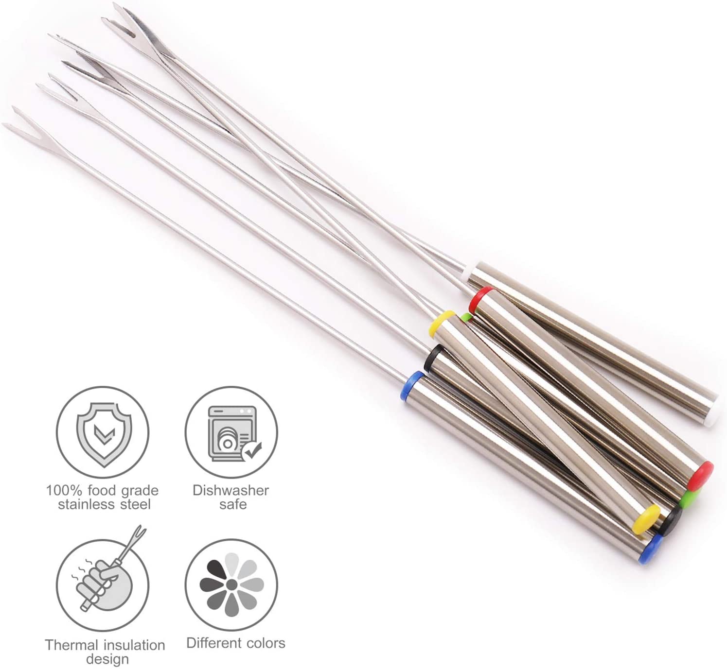 Set of 12 Stainless Steel Fondue Forks 9.5" - Color Coding Cheese Fondue Forks with Heat Resistant Handle for Chocolate Fountain Cheese Fondue Roast Marshmallows