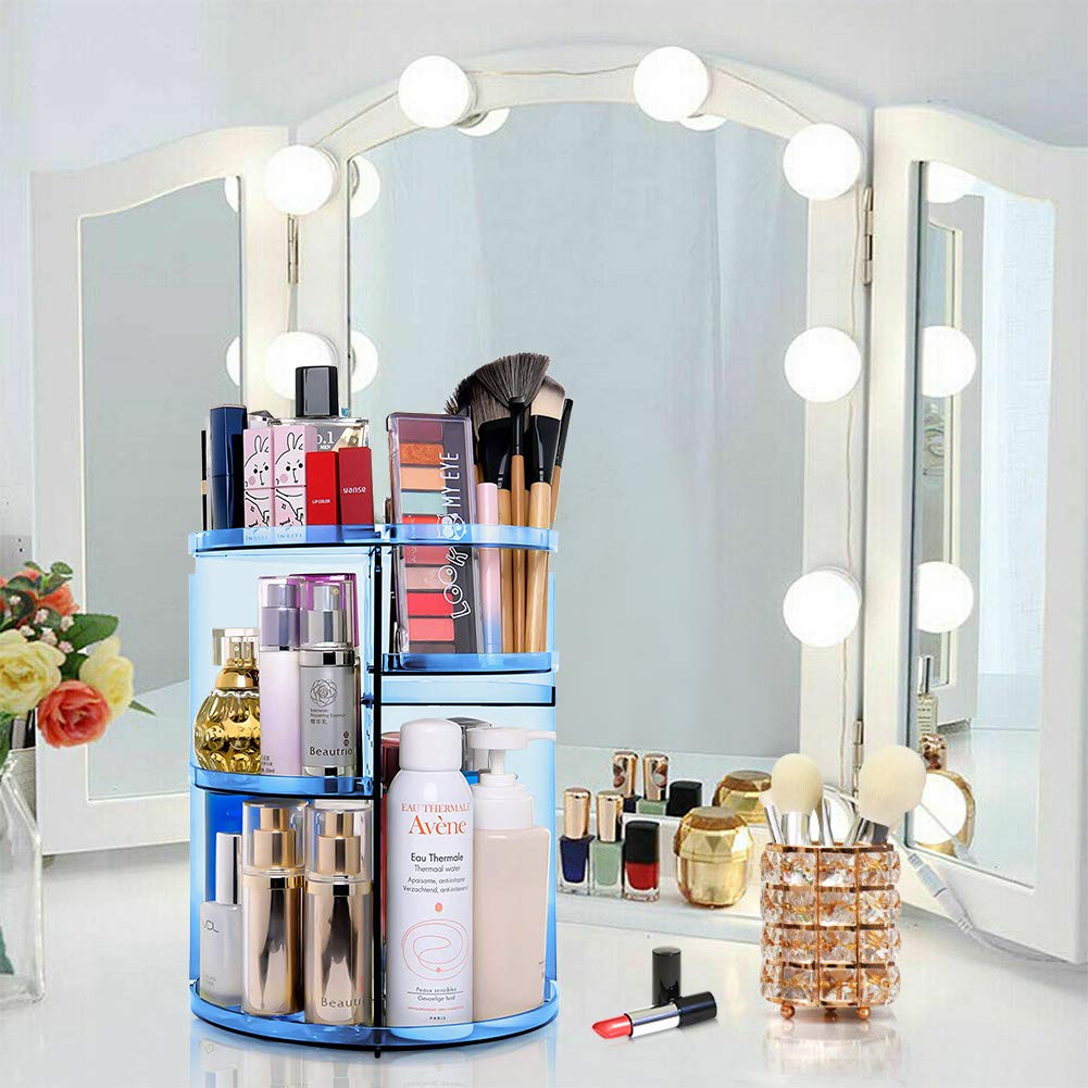 Rotating Makeup Organizer, Makeup Carousel Spinning Holder Storage Rack, Large Capacity Make up Caddy Shelf Cosmetics Organizer, Great for Countertop, Blue