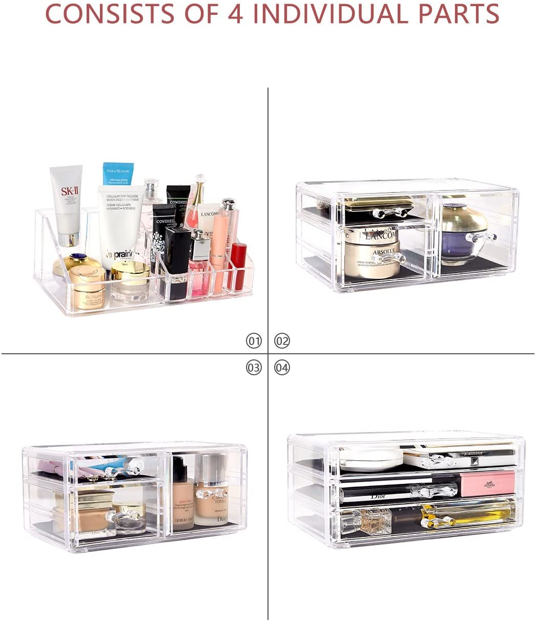 Makeup Organizer 4 Pieces Acrylic Jewelry and Cosmetic Storage Display Boxes with 9 Drawers