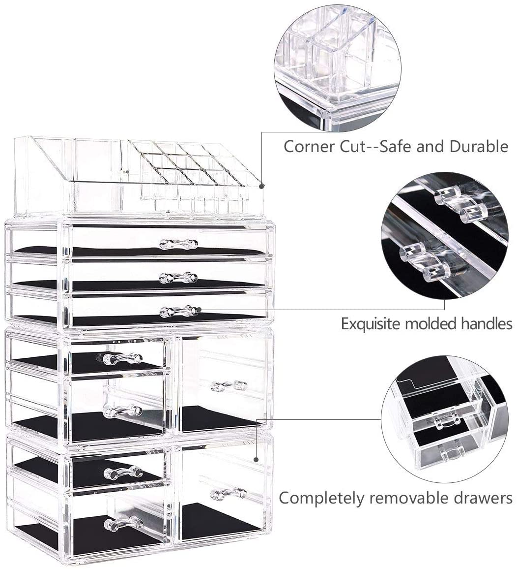 Makeup Organizer 4 Pieces Acrylic Jewelry and Cosmetic Storage Display Boxes with 9 Drawers