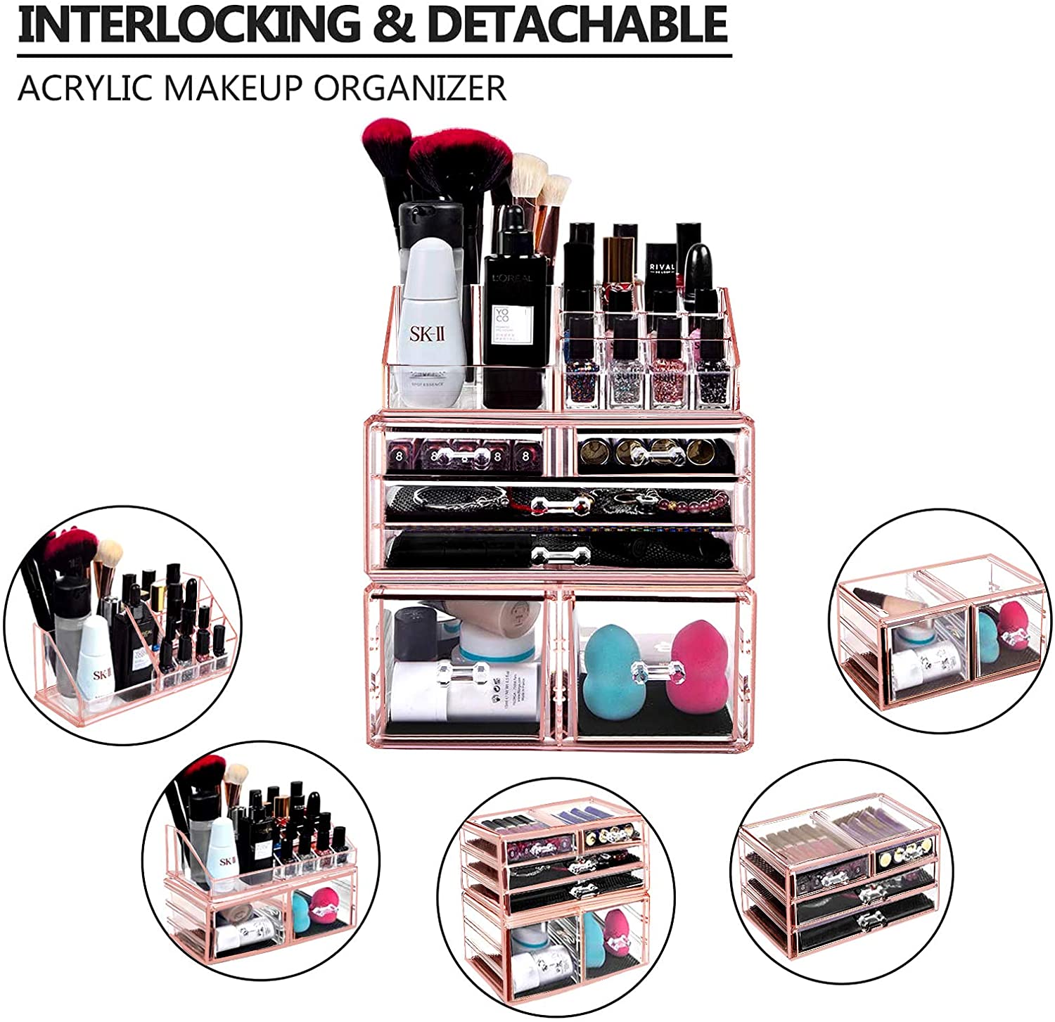 Makeup Organizer 3 Pieces Acrylic Cosmetic Storage Drawers and Jewelry Display Box, Pink