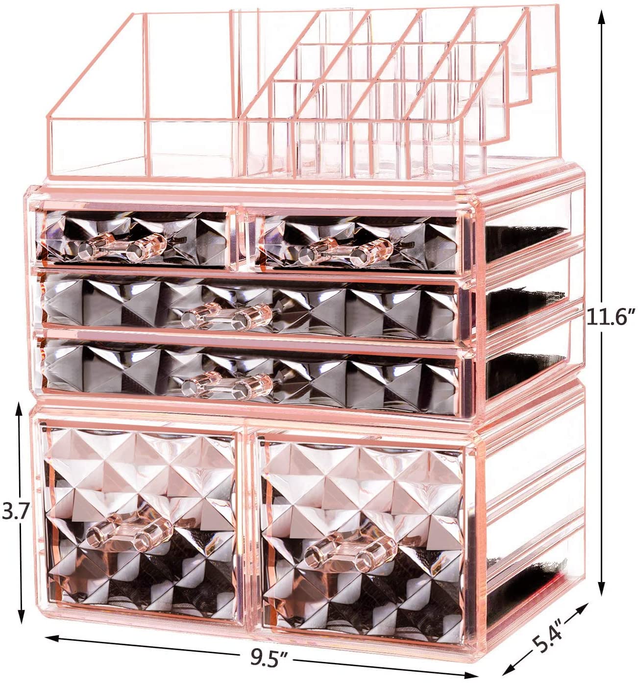 Makeup Organizer 3 Pieces Acrylic Cosmetic Storage Drawers and Jewelry Display Box, Pink Diamond Pattern