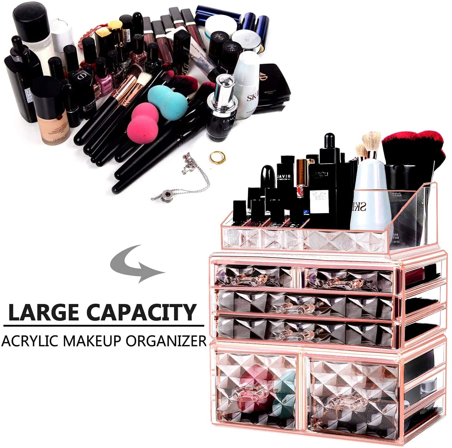 Makeup Organizer 3 Pieces Acrylic Cosmetic Storage Drawers and Jewelry Display Box, Pink Diamond Pattern
