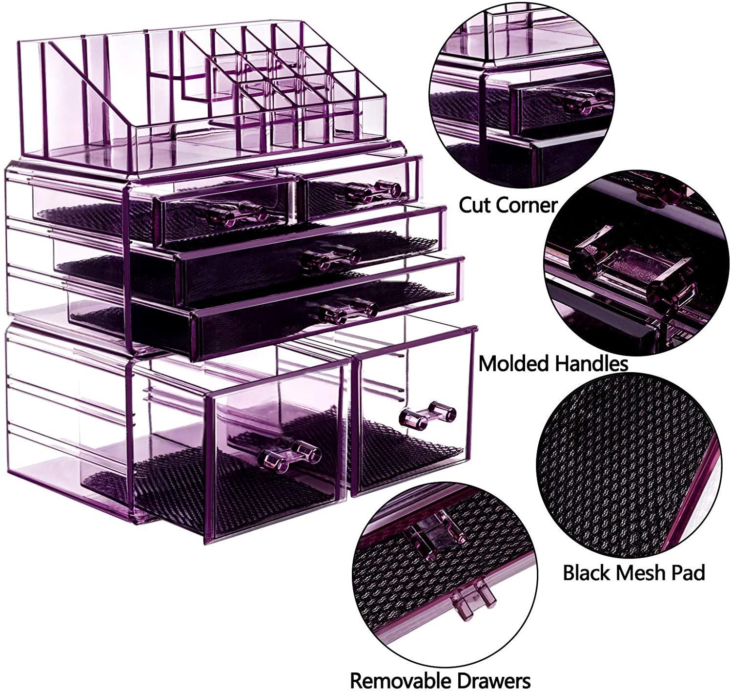 Makeup Organizer 3 Pieces Acrylic Cosmetic Storage Drawers and Jewelry Display Box, Violet