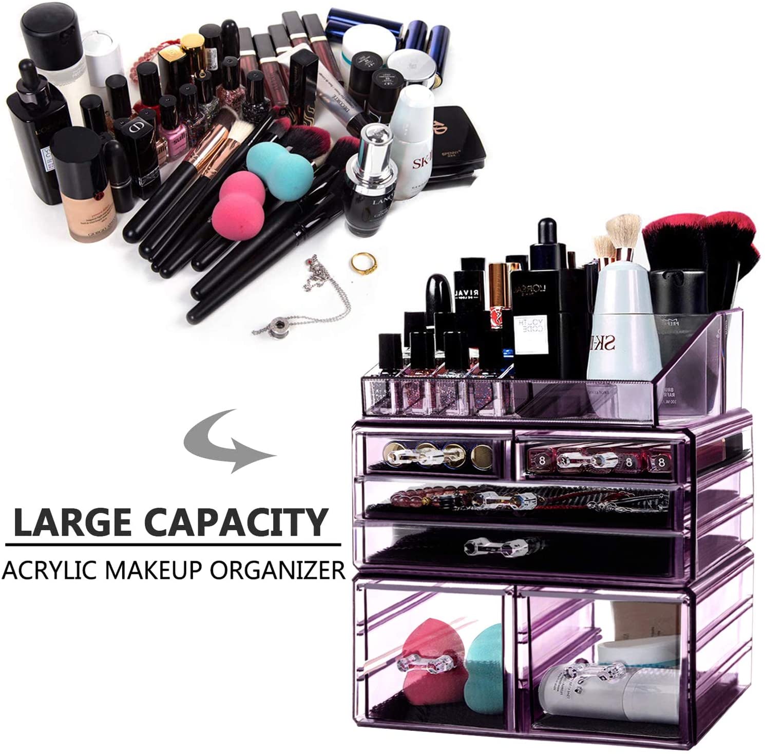Makeup Organizer 3 Pieces Acrylic Cosmetic Storage Drawers and Jewelry Display Box, Violet