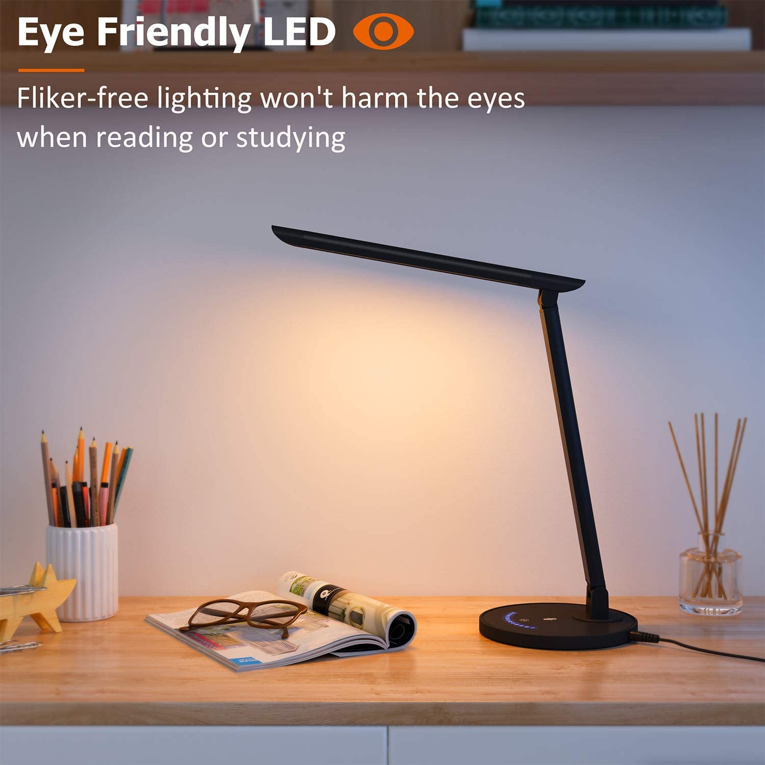 TT-DL13B LED Desk Lamp Eye-caring Table Lamps, Dimmable Office Lamp with USB Charging Port, Touch Control, 12W, 5 Color Modes, Philips EnabLED Licensing Program (Black)