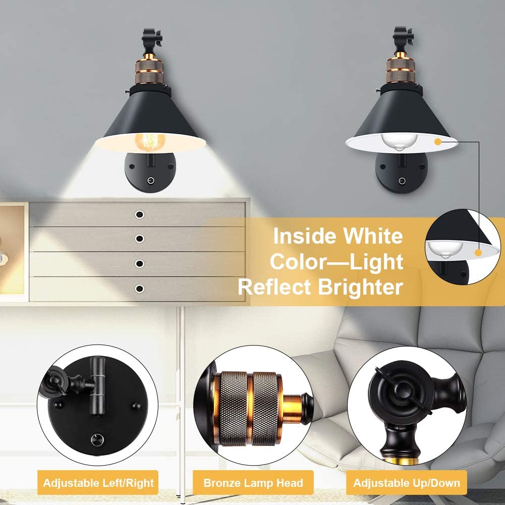 Plug in Wall Sconces, PARTPHONER Swing Arm Wall Lamp with Dimmable On Off Switch, Metal Black Vintage Industrial Wall Mounted Lighting Reading Light Fixture for Bedside Bedroom Indoor Doorway