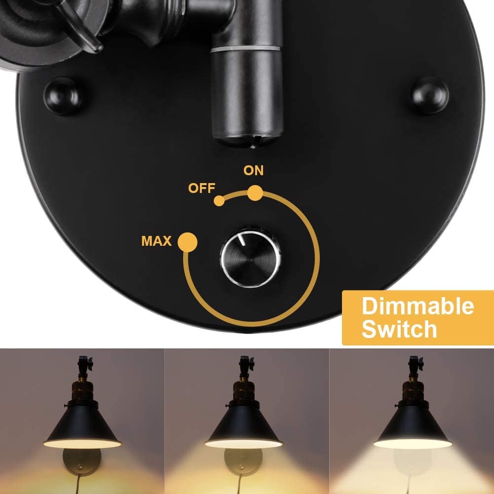 Plug in Wall Sconces, PARTPHONER Swing Arm Wall Lamp with Dimmable On Off Switch, Metal Black Vintage Industrial Wall Mounted Lighting Reading Light Fixture for Bedside Bedroom Indoor Doorway