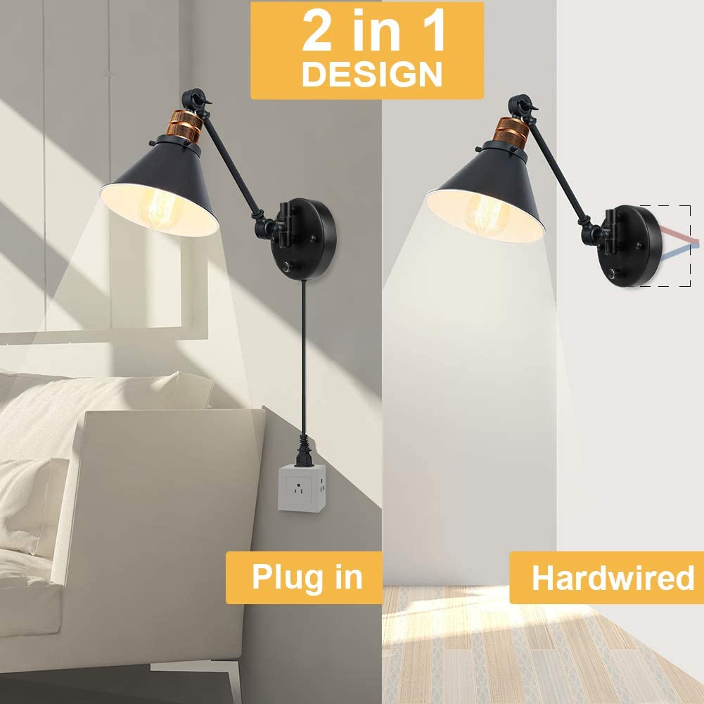 Plug in Wall Sconces, PARTPHONER Swing Arm Wall Lamp with Dimmable On Off Switch, Metal Black Vintage Industrial Wall Mounted Lighting Reading Light Fixture for Bedside Bedroom Indoor Doorway