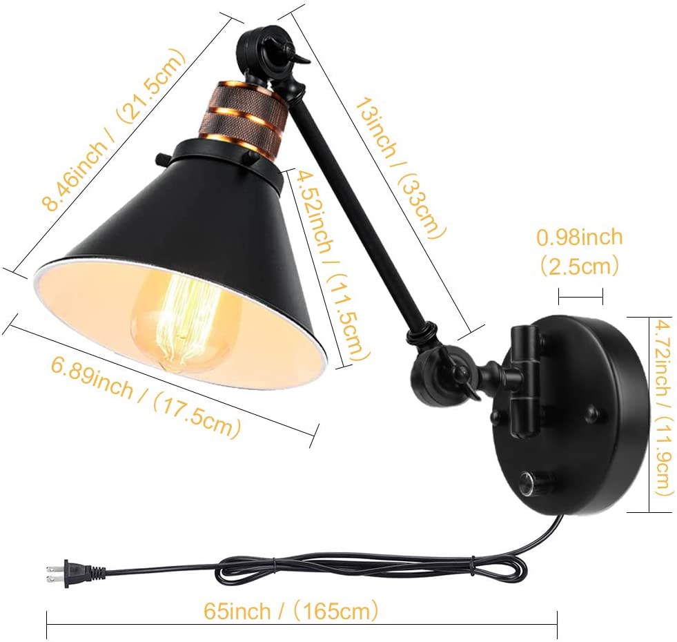 Plug in Wall Sconces, PARTPHONER Swing Arm Wall Lamp with Dimmable On Off Switch, Metal Black Vintage Industrial Wall Mounted Lighting Reading Light Fixture for Bedside Bedroom Indoor Doorway