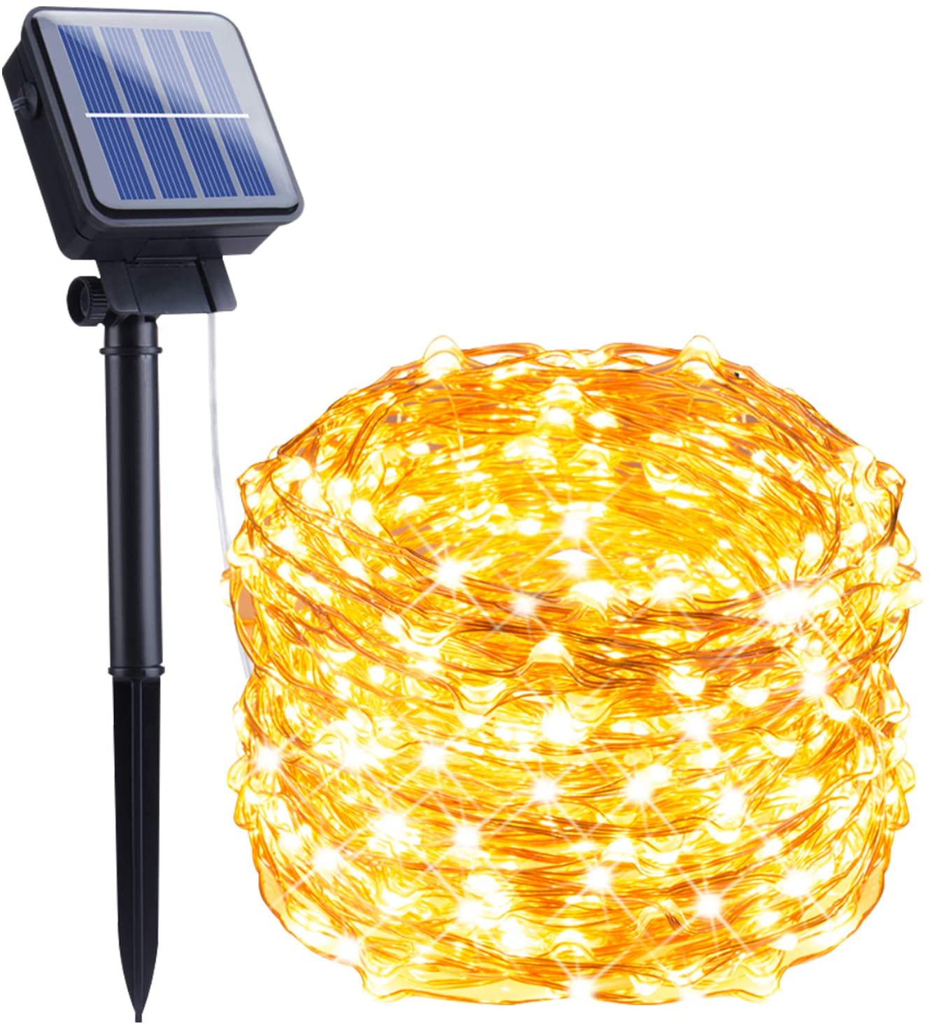 Outdoor Solar String Lights, 33Feet 100 Led Solar Powered Fairy Lights with 8 Lighting Modes Waterproof Decoration Copper Wire Lights for Patio Yard Trees Christmas Wedding Party (Warm White)