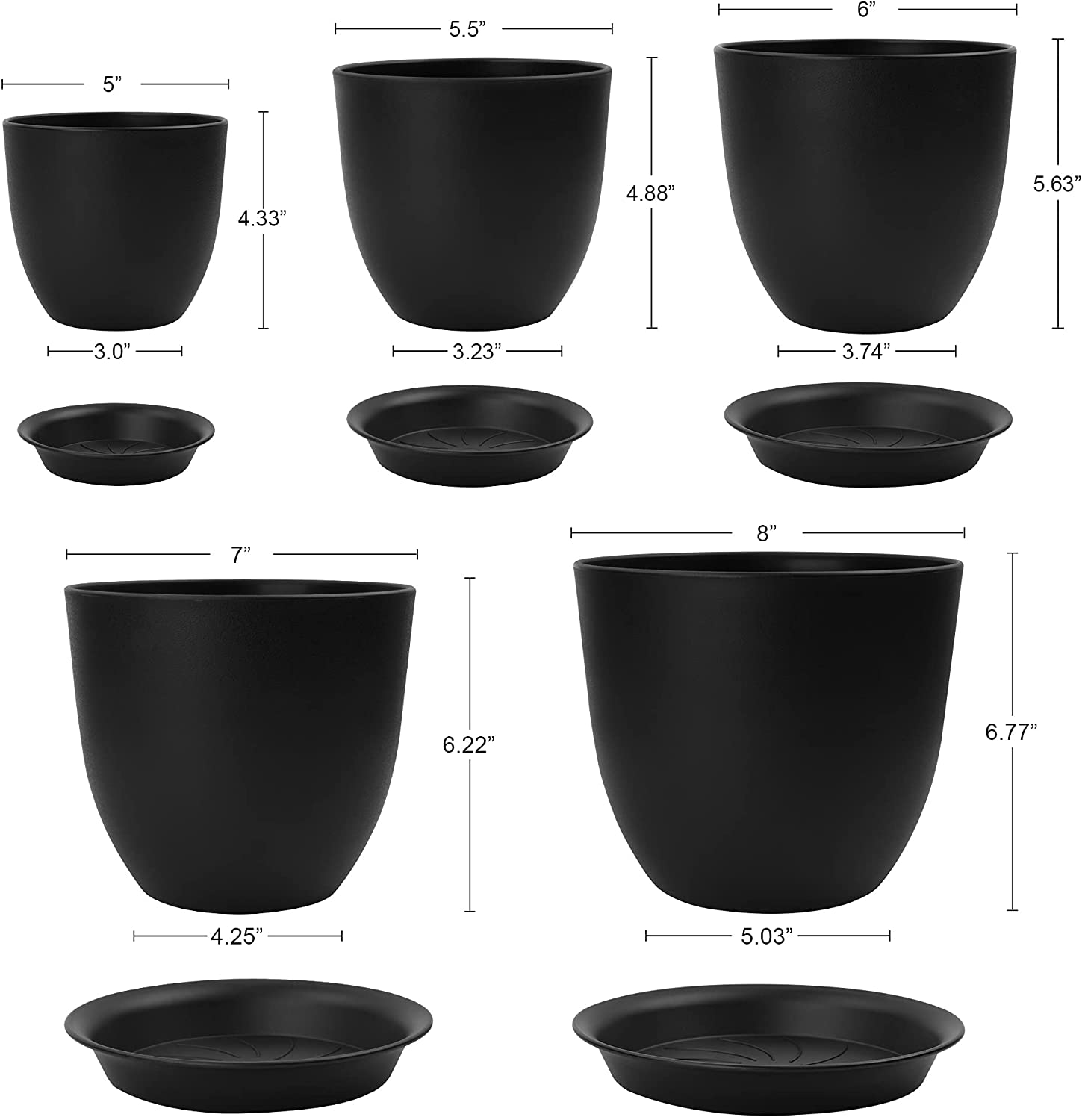Plastic Planter with Saucers,8/7/6/5.5/5 Inch Flower Pot Indoor Modern Decorative Plastic Pots for Plants with Drainage Hole and Tray for All House Plants, Flowers, and Cactus, Black