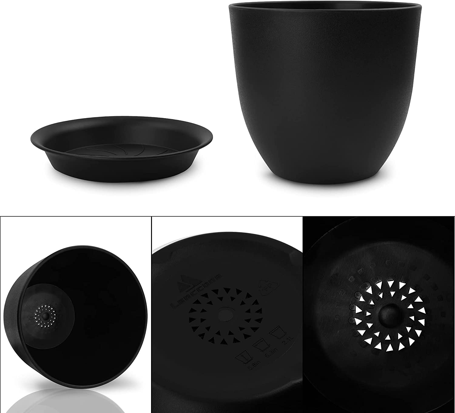 Plastic Planter with Saucers,8/7/6/5.5/5 Inch Flower Pot Indoor Modern Decorative Plastic Pots for Plants with Drainage Hole and Tray for All House Plants, Flowers, and Cactus, Black