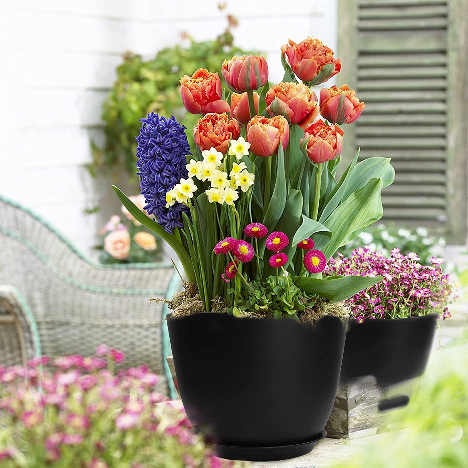 Plastic Planter with Saucers,8/7/6/5.5/5 Inch Flower Pot Indoor Modern Decorative Plastic Pots for Plants with Drainage Hole and Tray for All House Plants, Flowers, and Cactus, Black