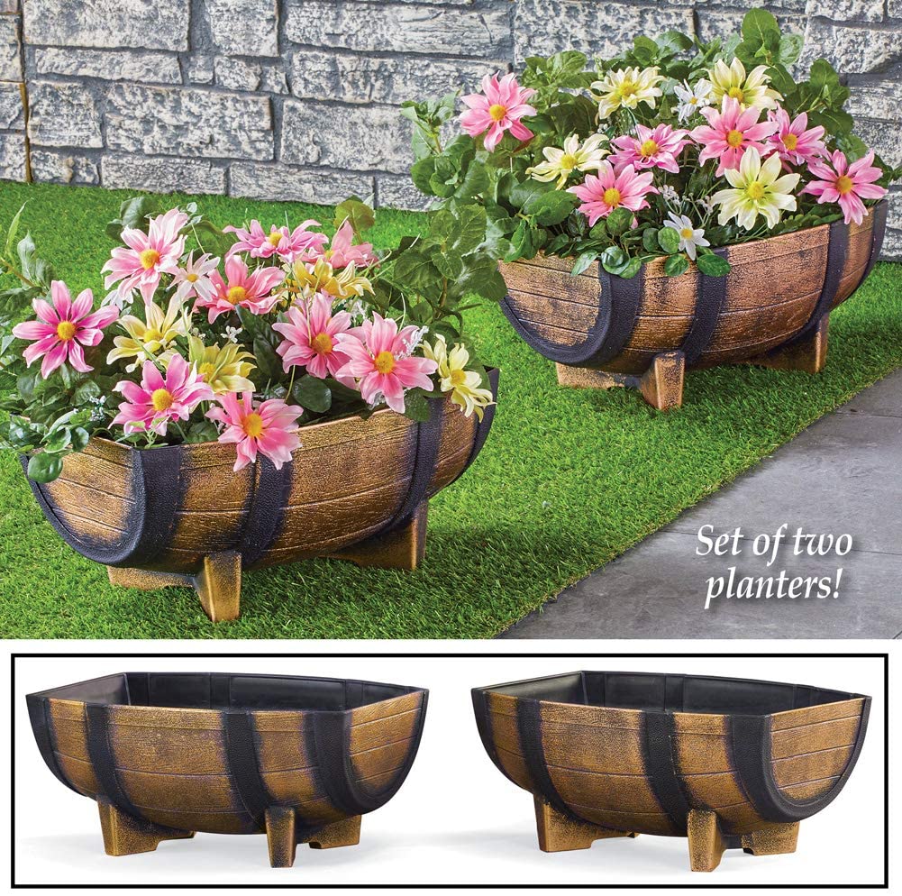 Rustic Half Barrel Planters - Set of 2, Weather Resistant Decorative Accent with Removable Drain Screen