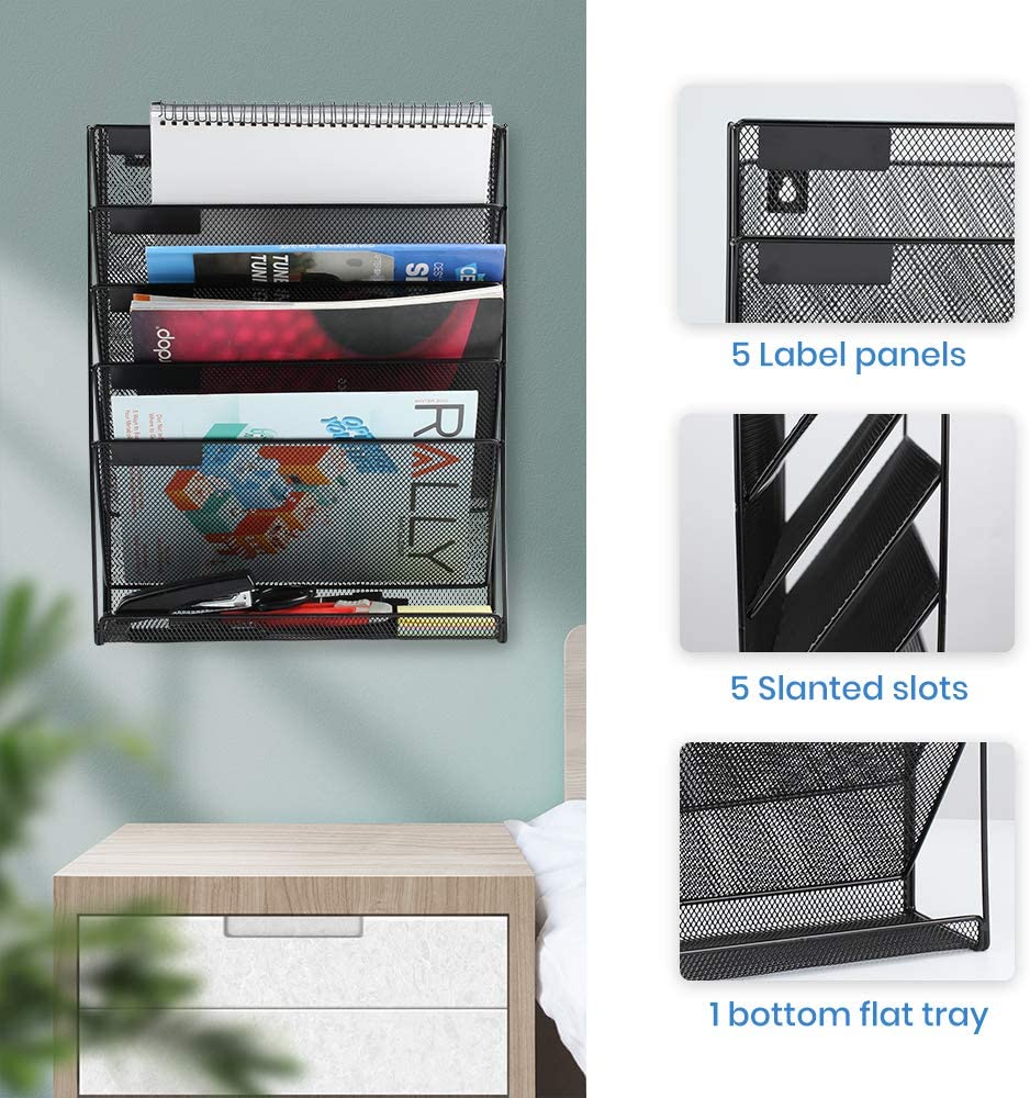 Mesh Hanging Wall File Organizer 5 Tier Vertical Mount, Durable Wall File Holder with Bottom Flat Tray for Office Home, Black