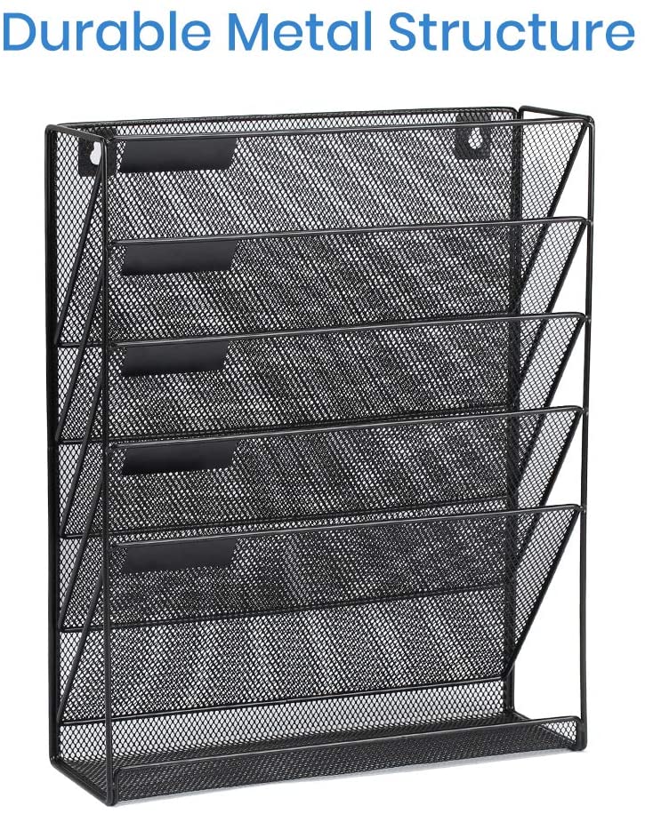 Mesh Hanging Wall File Organizer 5 Tier Vertical Mount, Durable Wall File Holder with Bottom Flat Tray for Office Home, Black