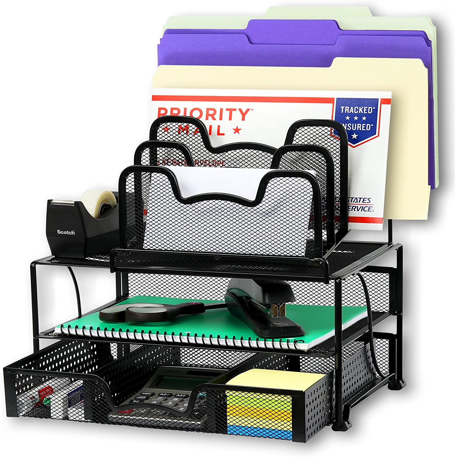 Office Racks & Displays Mesh Desk Organizer with Sliding Drawer, Double Tray and 5 Stacking Sorter Sections, Black