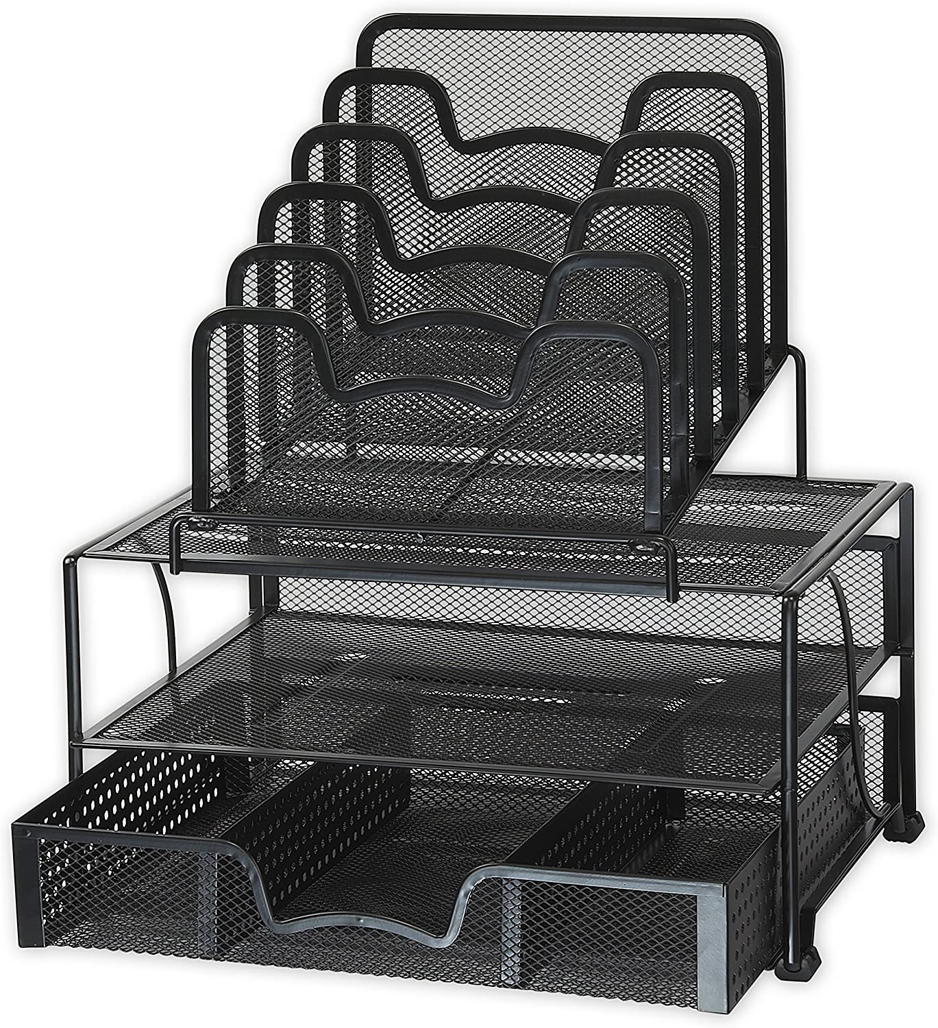Office Racks & Displays Mesh Desk Organizer with Sliding Drawer, Double Tray and 5 Stacking Sorter Sections, Black