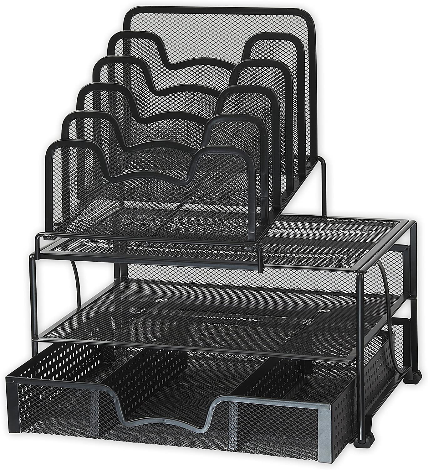 Office Racks & Displays Mesh Desk Organizer with Sliding Drawer, Double Tray and 5 Stacking Sorter Sections, Black
